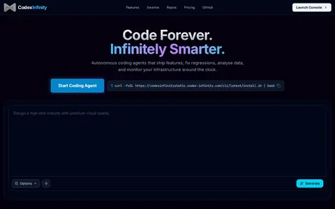 Codex Infinity homepage screenshot