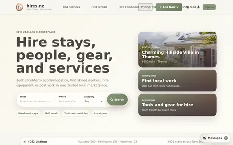 Hires.nz homepage screenshot