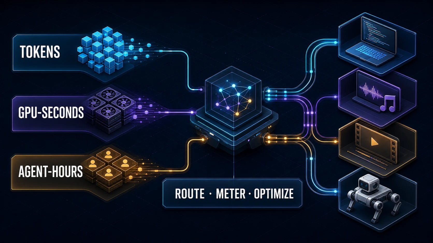 Tokens, GPU-seconds, and agent-hours routed through one compute market