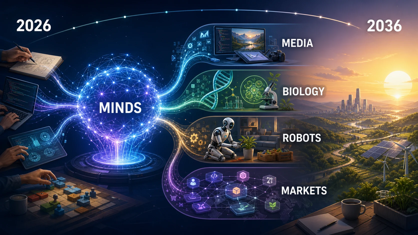 A positive ten-year path from AI minds to media, biology, robots, and markets